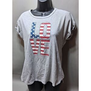 Patriotic American Flag LOVE Graphic Tee Size Medium 8/10 Gray T-Shirt USA